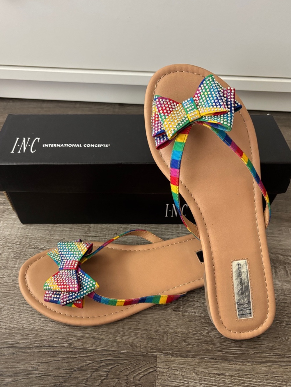INC International Concepts Rainbow Bow Rhinestone Slide Sandals - Multicolor